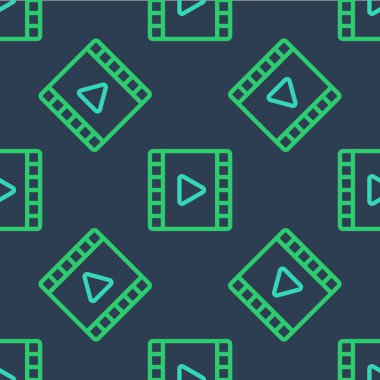 Line Play Video icon isolated seamless pattern on blue background. Film strip with play sign. Vector