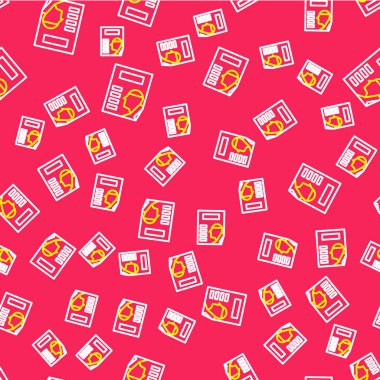 Line Cinema poster icon isolated seamless pattern on red background. Vector