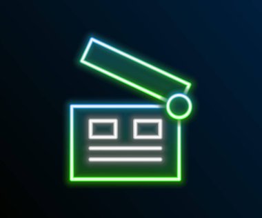 Parlayan neon hattı film alkışlayıcı simgesi siyah arkaplanda izole edildi. Film alkışlama tahtası. Alkış tahtası işareti. Sinema yapımı ya da medya endüstrisi. Renkli taslak konsepti. Vektör