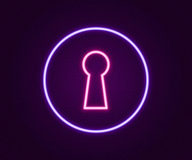 Parlayan neon çizgisi simgesi siyah arkaplanda izole edildi. Başarının anahtarı. Anahtar deliği bilmece, gizli, güvenlik kavramını ifade eder. Renkli taslak konsepti. Vektör