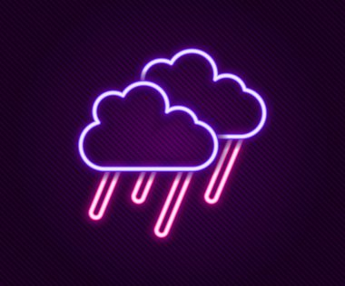 Siyah zemin üzerinde yağmur ikonu olan parlak neon çizgisi. Yağmur damlaları ile yağmur bulutu yağışı. Renkli taslak konsepti. Vektör