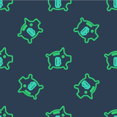 Line Piggy Bank bitcoin ikonu mavi arka planda izole edilmiş kusursuz desen. Tasarruf ya da para birikimi, yatırım. Vektör