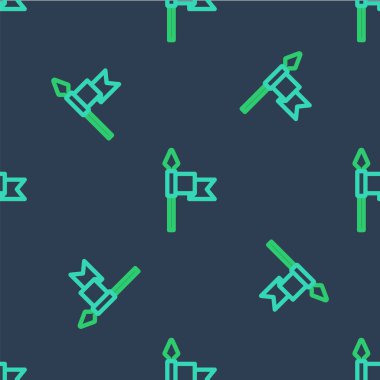Çizgi Ortaçağ mızrak simgesi mavi arkaplandaki kusursuz deseni izole etti. Ortaçağ silahı. Vektör