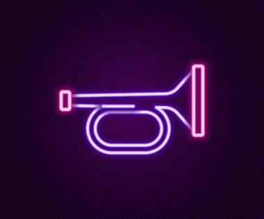 Parlayan neon hattı Trompet simgesi siyah arkaplanda izole edildi. Müzik aleti trompeti. Renkli taslak konsepti. Vektör