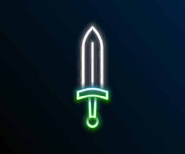 Parlayan neon hattı Ortaçağ kılıç ikonu siyah arka planda izole edildi. Ortaçağ silahı. Renkli taslak konsepti. Vektör