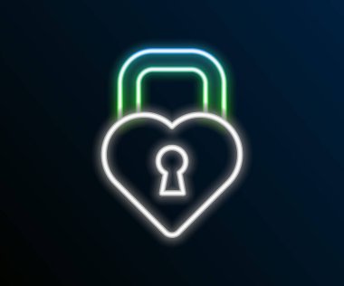 Siyah arkaplanda izole edilmiş kalp simgesi şeklinde parlayan neon hattı Castle. Kilitli Kalp. Aşk sembolü ve anahtar deliği işareti. Renkli taslak konsepti. Vektör