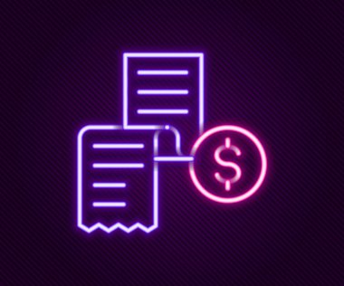 Parlayan neon hattı kağıt ya da finansal kontrol simgesi siyah arkaplanda izole edildi. Kağıt baskı çeki, makbuz ya da fatura. Renkli taslak konsepti. Vektör