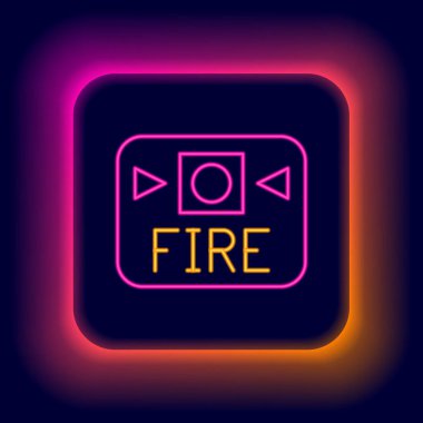 Parlayan neon hattı yangın alarm sistemi simgesi siyah arkaplanda izole edildi. Yangın güvenlik kutusunu çek. Renkli taslak konsepti. Vektör