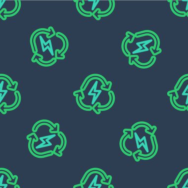 Geri dönüşüm sembolü simgesine sahip çizgi pili mavi arkaplanda izole edilmiş pürüzsüz desen. Geri dönüşüm sembollü pil - yenilenebilir enerji konsepti. Vektör