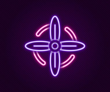 Parlayan neon hattı rüzgar türbini simgesi siyah arkaplanda izole edildi. Rüzgar jeneratörü işareti. Elektrik üretimi için yel değirmeni. Renkli taslak konsepti. Vektör