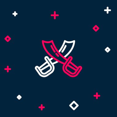 Çizgiyi aşan korsan kılıcı simgesi mavi arka planda izole edildi. Kılıç işareti. Renkli taslak konsepti. Vektör