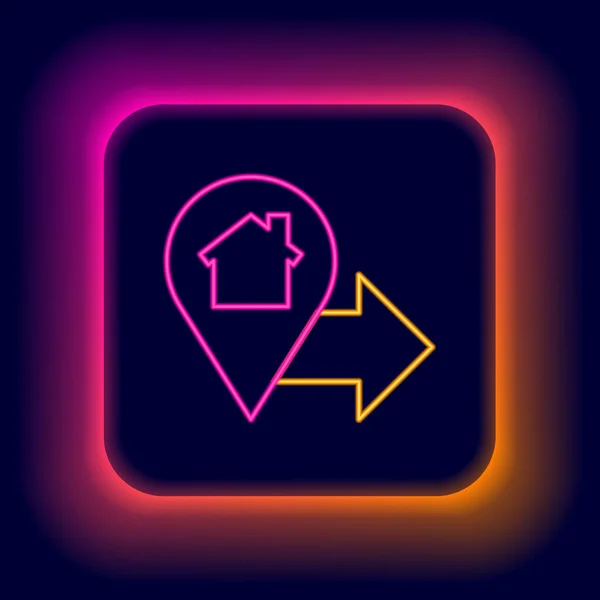 Világító neon vonal Térkép mutató ház ikon elszigetelt fekete alapon. Az otthoni helyzetjelző szimbólum. Színes vázlat koncepció. Vektor — Stock Vector