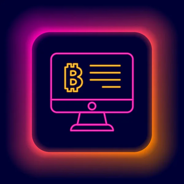 Leuchtende Leuchtschrift Mining Bitcoin von Monitor-Symbol isoliert auf schwarzem Hintergrund. Kryptowährungsbergbau, Blockchain-Technologie-Service. Buntes Rahmenkonzept. Vektor — Stockvektor