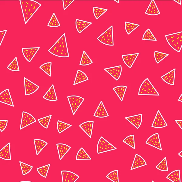 Ícone de linha Nachos isolado padrão sem costura no fundo vermelho. Tortilhas ou tortilhas de nachos. Comida tradicional mexicana. Vetor — Vetor de Stock