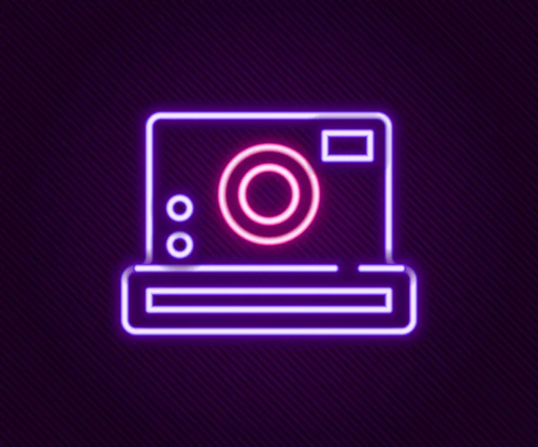 Glowing neon line Photo camera icon isolated on black background. Foto camera icon. Colorful outline concept. Vector — Stock Vector