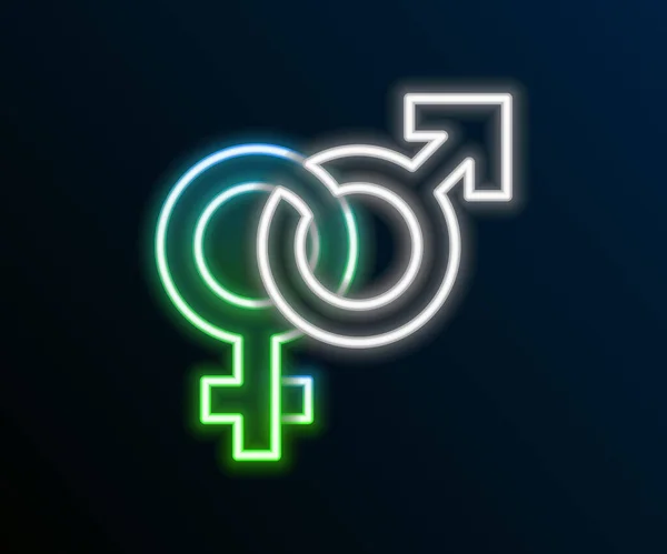 Świecąca neonowa ikona płci odizolowana na czarnym tle. Symbole mężczyzn i kobiet. Symbol seksu. Kolorowy koncept. Wektor — Wektor stockowy