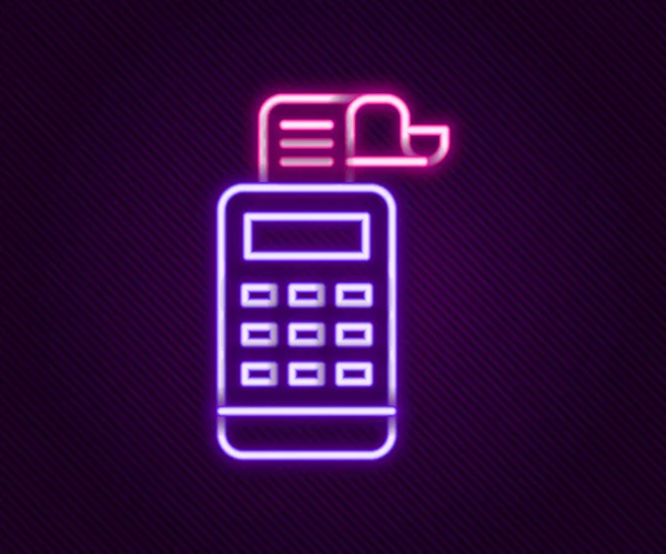 Gloeiende neon lijn Kassa machine met een controle pictogram geïsoleerd op zwarte achtergrond. Kassier teken. Cashbox symbool. Kleurrijk concept. Vector — Stockvector