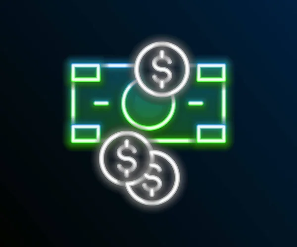 Ligne lumineuse néon Empile de l'argent en papier comptant et monnaie avec icône symbole dollar isolé sur fond noir. Des piles de billets de banque. Concept de contour coloré. Vecteur — Image vectorielle