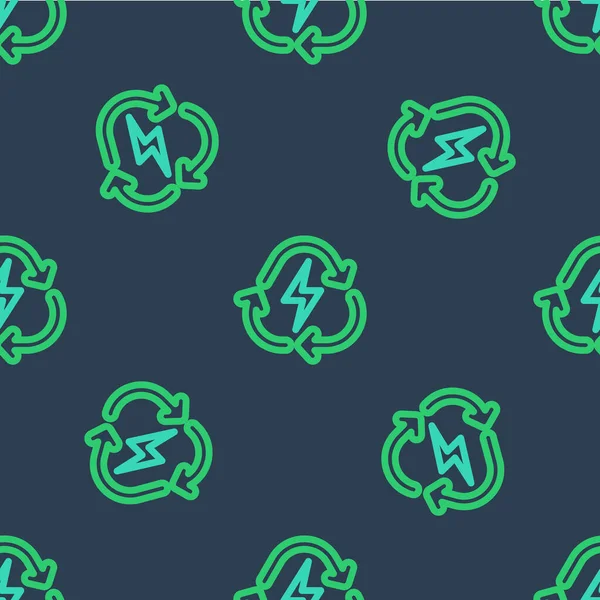 Geri dönüşüm sembolü simgesine sahip çizgi pili mavi arkaplanda izole edilmiş pürüzsüz desen. Geri dönüşüm sembollü pil - yenilenebilir enerji konsepti. Vektör