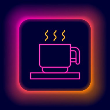 Siyah arka planda izole edilmiş lokum ikonu olan parlak neon çizgili sıcak çikolata bardağı. Mutlu Noeller ve mutlu yıllar. Renkli taslak konsepti. Vektör