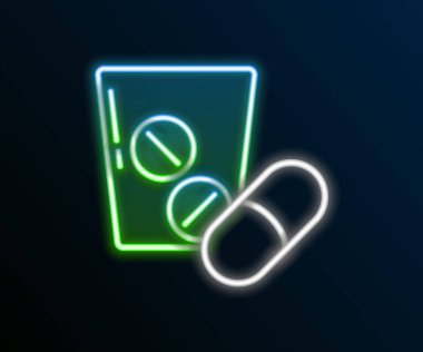 Siyah arkaplanda parlayan neon hattı ilaç veya tablet ikonu. Kapsül hapı ve uyuşturucu işareti. Eczane tasarımı. Renkli taslak konsepti. Vektör