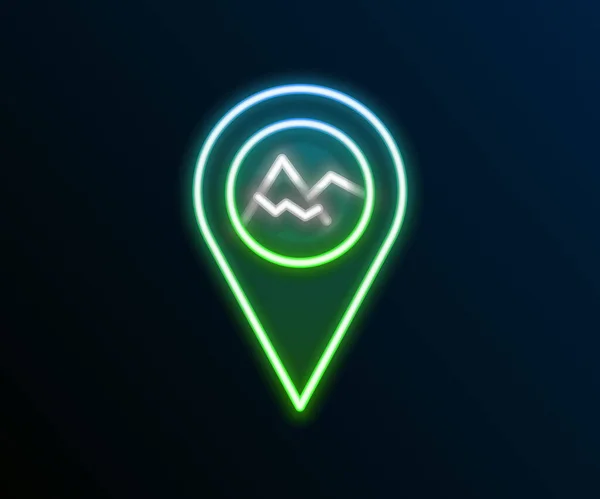 Linha de néon brilhante Mapa ponteiro com ícone de montanha isolado no fundo preto. Ícone de viagem das montanhas. Conceito de esboço colorido. Vetor — Vetor de Stock