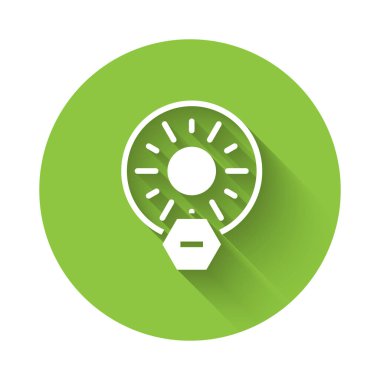 White No direct sunlight icon isolated with long shadow background. Green circle button. Vector