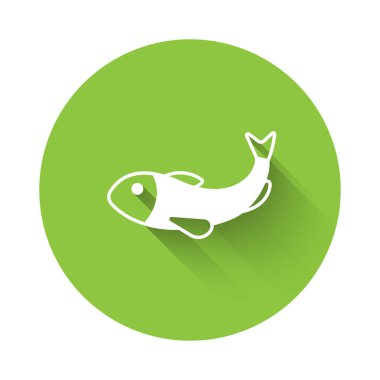 White Dried fish icon isolated with long shadow background. Green circle button. Vector