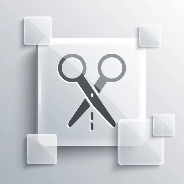 Grey Scissors with cut line icon isolated on grey background. Tailor symbol. Cutting tool sign. Square glass panels. Vector — ストックベクタ