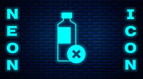 Gloeiende neon Geen water fles pictogram geïsoleerd op baksteen muur achtergrond. Geen plastic fles. Bord met verbod op waterflessen. Vector — Stockvector