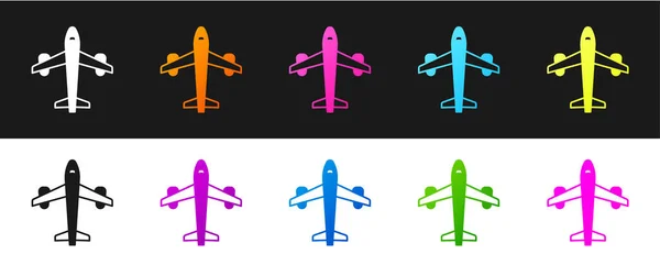 Definir ícone de plano isolado no fundo preto e branco. Ícone de avião voador. Sinal de avião. Vetor — Vetor de Stock