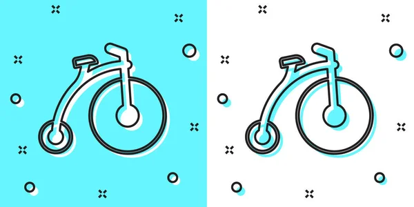 Черный линии винтажный велосипед с одним большим колесом и один маленький значок изолирован на зеленом и белом фоне. велосипед общественный транспорт знак. случайные динамические формы. вектор — стоковый вектор
