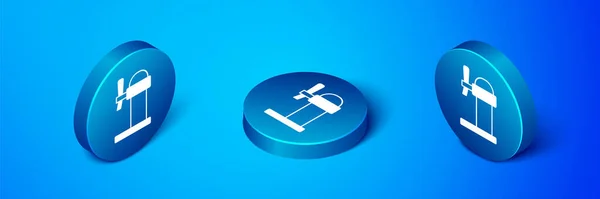 Isometric Dispenser beer icon isolated on blue background. Beer wide tower with tap. Blue circle button. Vector — Archivo Imágenes Vectoriales