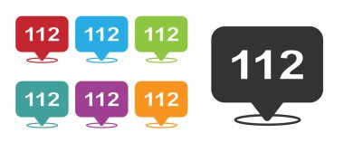 Black Telephone with emergency call 112 icon isolated on white background. Police, ambulance, fire department, call, phone. Set icons colorful. Vector