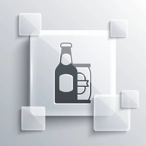 Grey Beer bottle and beer can icon isolated on grey background. Square glass panels. Vector — Vetor de Stock