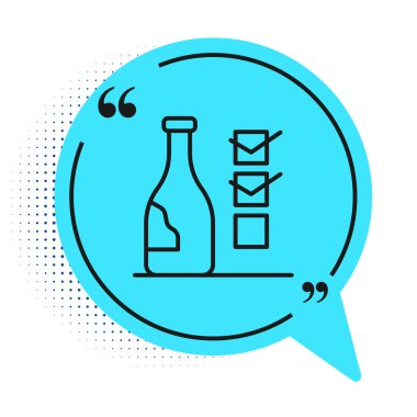 Beyaz arka planda izole edilmiş siyah çizgi şarap ikonu. Mavi konuşma balonu sembolü. Vektör