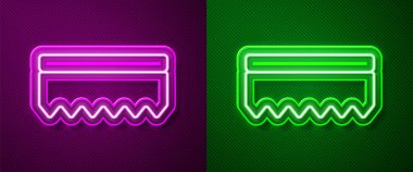 Parlayan neon hattı Sünger simgesi mor ve yeşil arkaplanda izole edildi. Bulaşık yıkamak için bir tutam Bast. Temizlik servisi logosu. Vektör