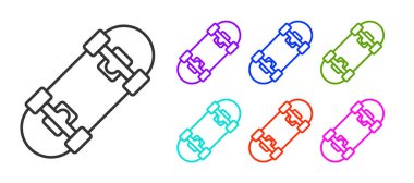 Siyah çizgi kaykay simgesi beyaz arkaplanda izole edildi. Olağanüstü bir spor. Spor malzemeleri. Simgeleri renklendirin. Vektör