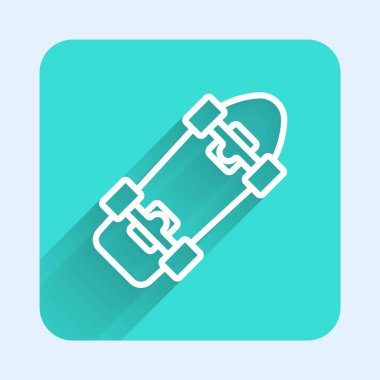 Beyaz çizgi kaykay simgesi uzun gölge arkaplanı ile izole edildi. Olağanüstü bir spor. Spor malzemeleri. Yeşil kare düğmesi. Vektör