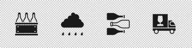 Set Bottles of wine in box, Cloud with rain, and Wine truck icon. Vector
