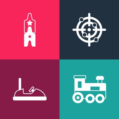Set pop art Toy train, Bumper car, Target sport and Circus ticket icon. Vector