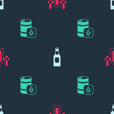 Set Beer tap, bottle and Metal beer keg on seamless pattern. Vector