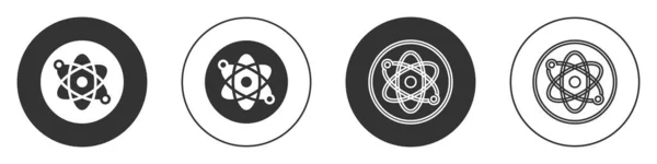 Svart Atom ikonen isolerad på vit bakgrund. Symbol för vetenskap, utbildning, kärnfysik, vetenskaplig forskning. Cirkelknappen. Vektor — Stock vektor