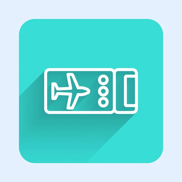 White line Airline ticket icon isolated with long shadow background. Plane ticket. Green square button. Vector — Vector de stock