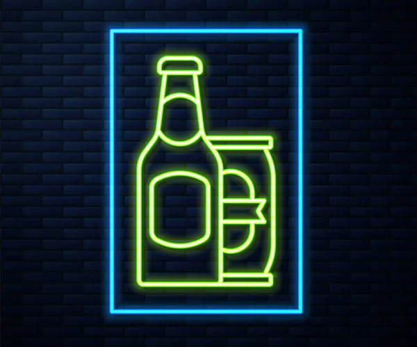 Parlayan neon hattı bira şişesi ve bira kutusu ikonu tuğla duvar arkasında izole edilmiş. Vektör — Stok Vektör