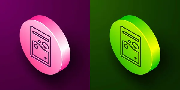 Isometric line Plastic bag of drug icon isolated on purple and green background. Health danger. Circle button. Vector — Image vectorielle