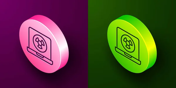 Isometric line Nuclear laptop icon isolated on purple and green background. Circle button. Vector — Vector de stock