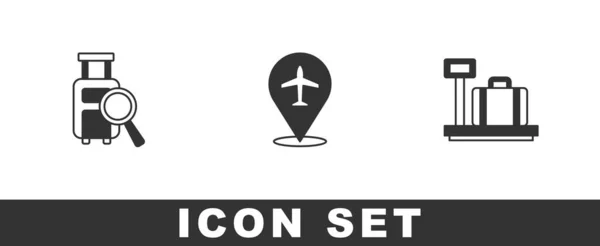 Set Lost baggage, Plane and Scale with suitcase icon. Vector — Vector de stock