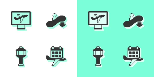 Set Calendar and airplane, Plane, Airport control tower and Escalator down icon. Vector — Stock Vector