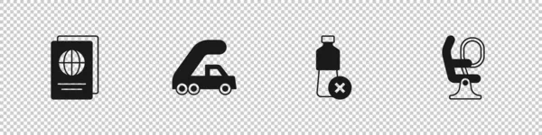 Set Passport, Passenger ladder for plane boarding, No water bottle and Airplane seat icon. Vector — ストックベクタ